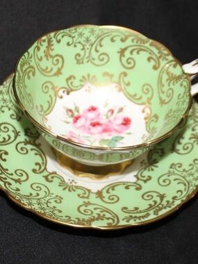 Stafford Mint Green Floral Teacup and Saucer with Gold Trim